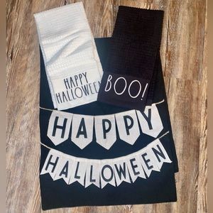 NEW HAPPY HALLOWEEN TABLE RUNNER AND KITCHEN TOWEL SET OF THREE ITEMS BLACK WHIT